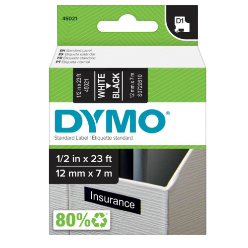 DYMO D1 - Poliestere - bianco su nero - Rotolo (1,2 cm x 7 m) 1 cassetta(e) rotolo di etichette - per LabelMANAGER 100, 160, 210, 220, 260, 280, 300, 360, 420, Wireless PnP; LabelPOINT 250